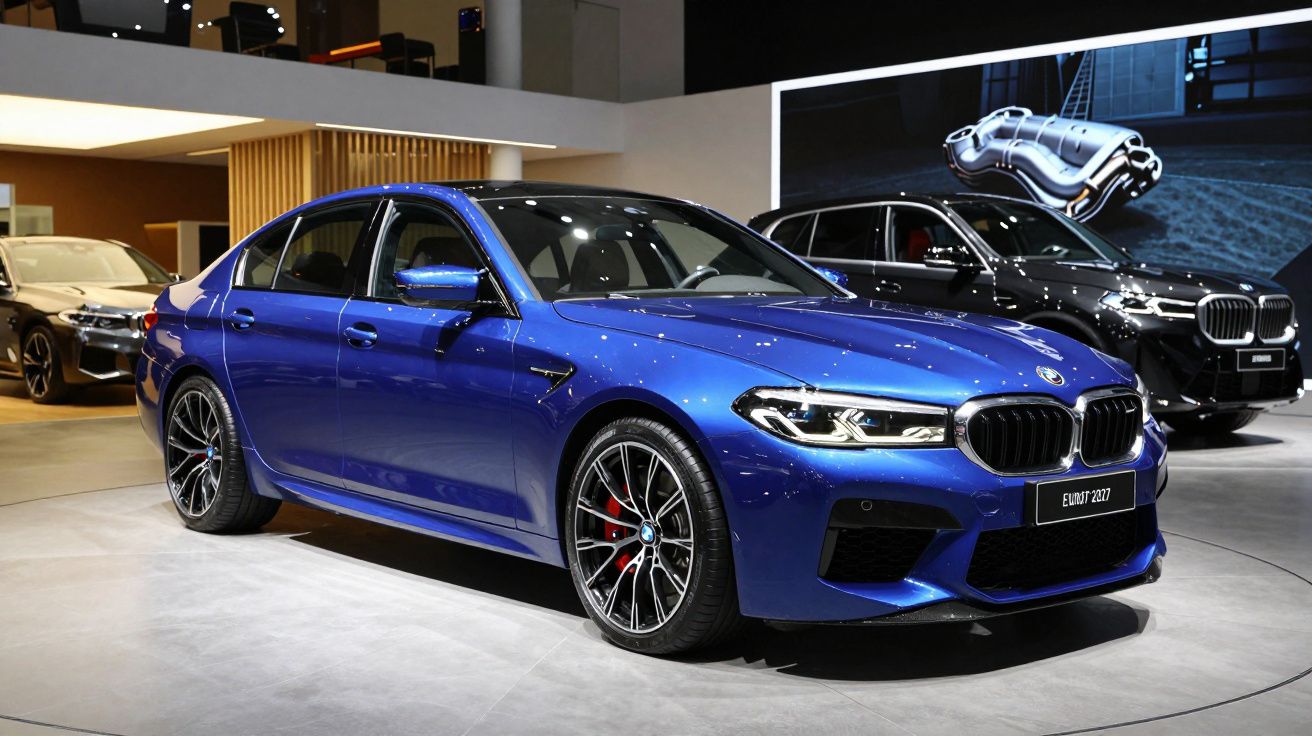 Carro azul exposto num salão automóvel, modelo desportivo de quatro portas, com outros veículos ao fundo.