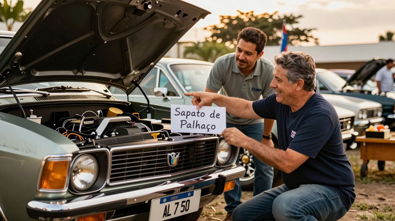 Homem mostra placa "Sapato de Palhaço" junto ao motor de um carro antigo, enquanto outro homem observa sorrindo.