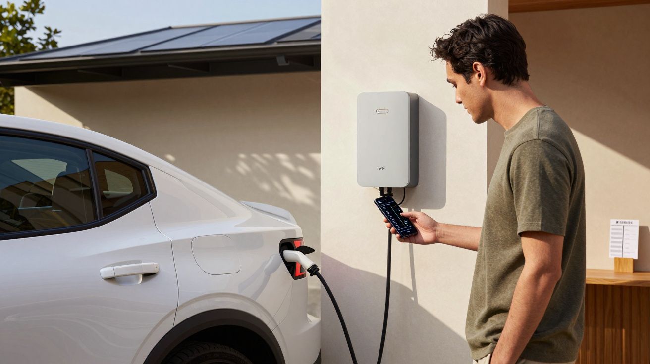 Homem a carregar carro elétrico branco numa estação doméstica e a verificar o smartphone.