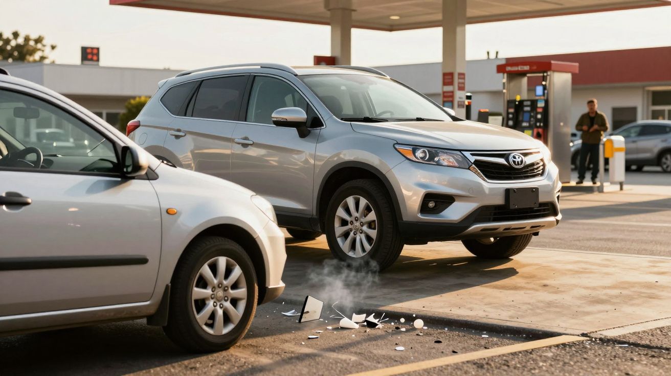 Dois carros em colisão leve numa estação de serviço, com peças no chão e uma pessoa ao fundo.