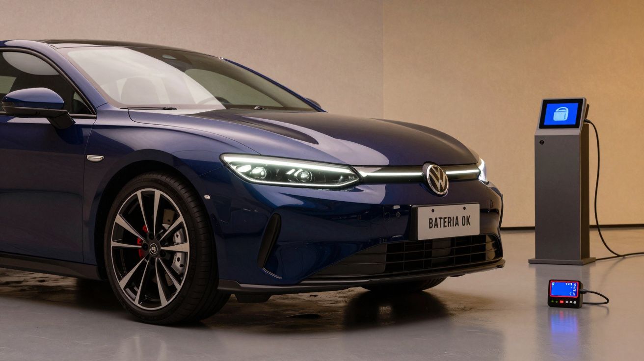 Carro elétrico azul a carregar numa estação de carregamento, com o texto "Bateria OK" visível na parte frontal.