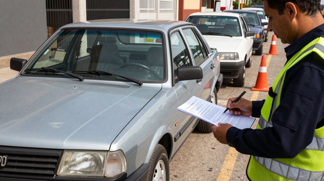 Homem de colete refletor verifica carros estacionados em fila, anotando informações num bloco de notas.