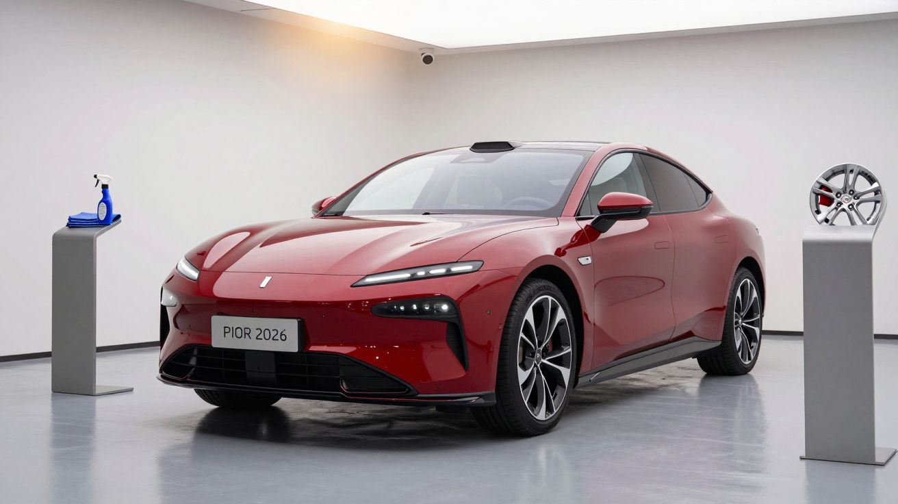 Carro vermelho futurista em exposição, com rodas elegantes e decoração minimalista em fundo branco.