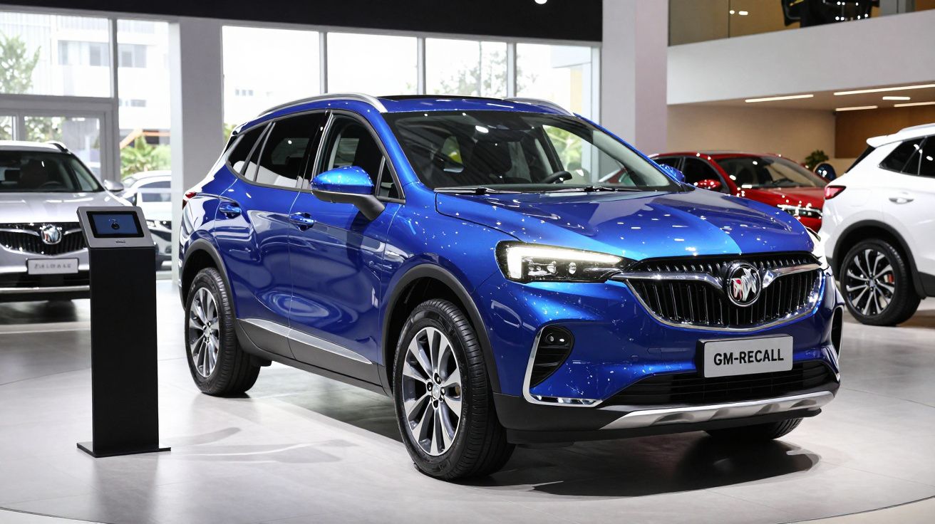 SUV azul em exposição num showroom de carros, com design moderno e elegante.