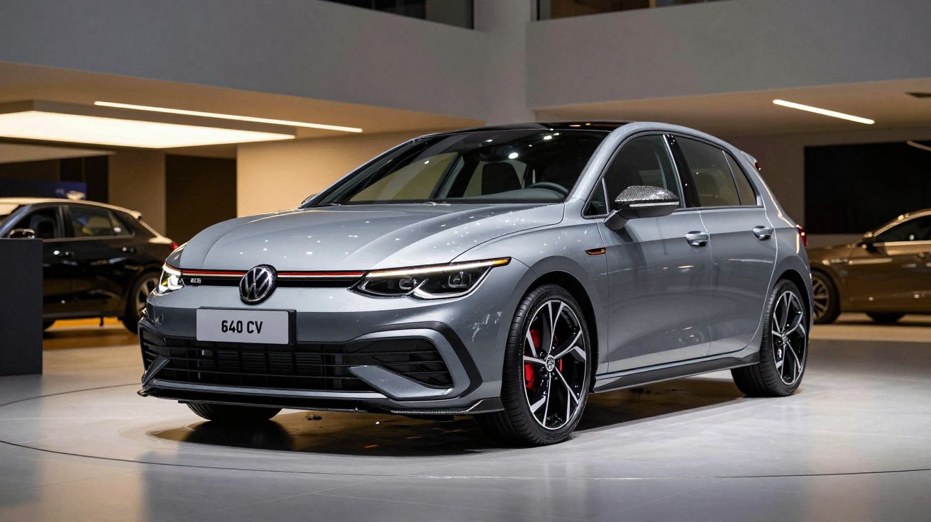 Carro cinzento Volkswagen exposto em showroom iluminado, visto de frente e de lado.