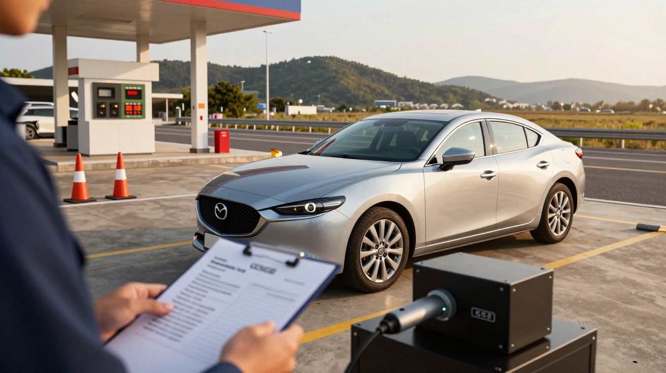 Carro prateado num posto de inspeção, com pessoa segurando prancheta e colinas ao fundo.
