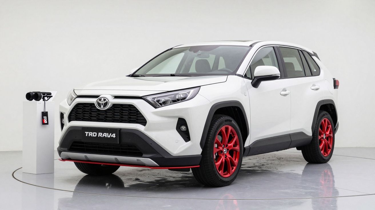 SUV branco Toyota RAV4 TRD com jantes vermelhas, em estúdio branco.