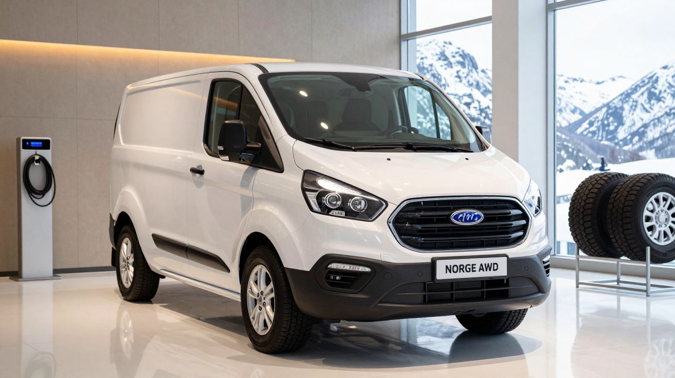 Carrinha branca estacionada num showroom, com carregador à esquerda e montanhas nevadas visíveis pela janela.