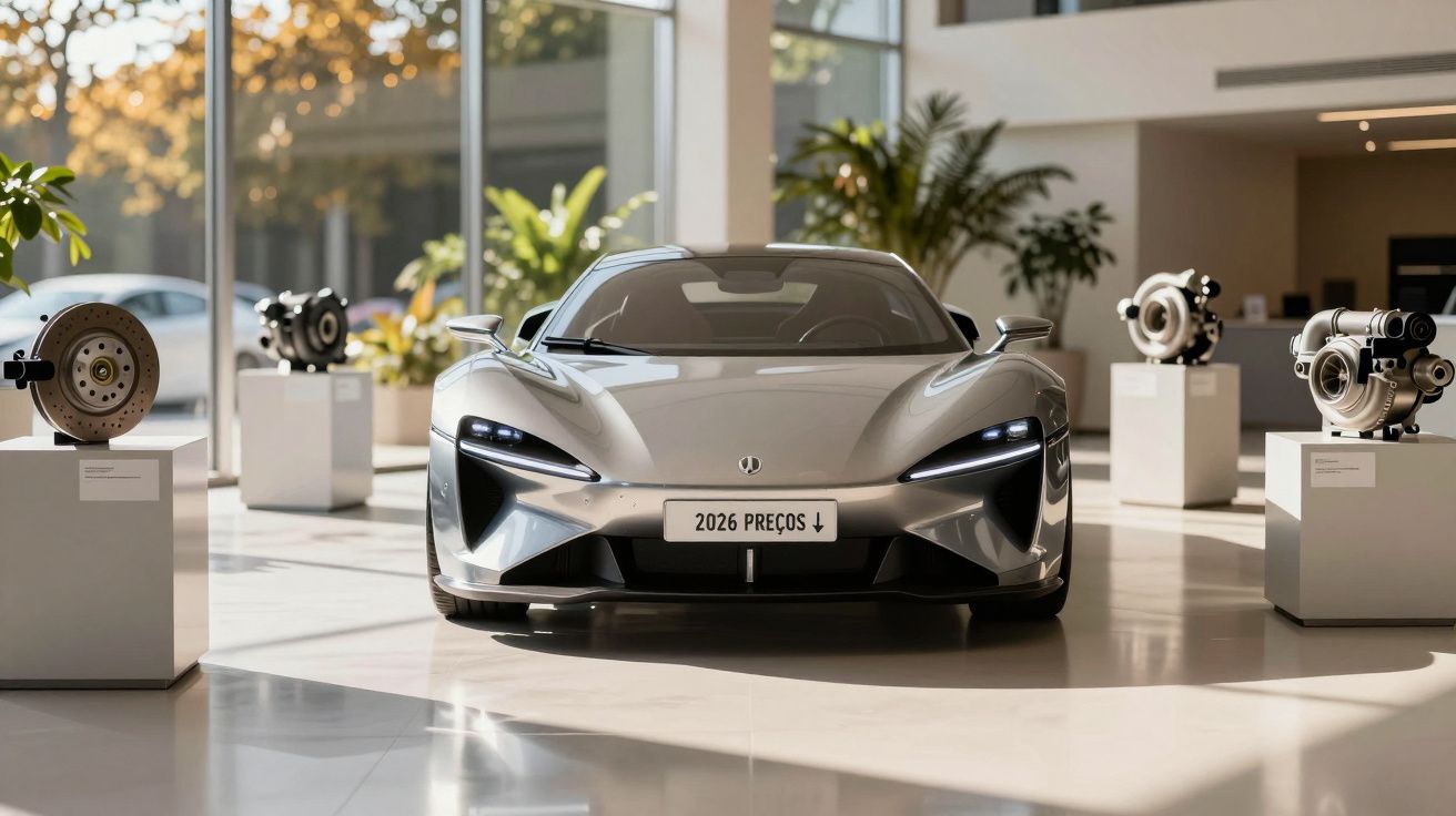 Carro desportivo prateado em exposição num showroom com peças de automóvel ao redor, sob luz natural.