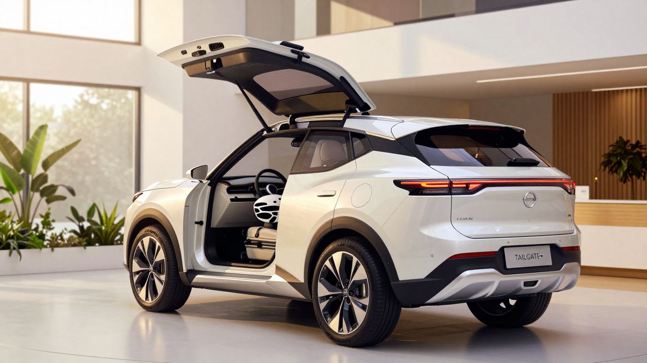 SUV branco em exposição com portas abertas, situado num espaço moderno e iluminado.