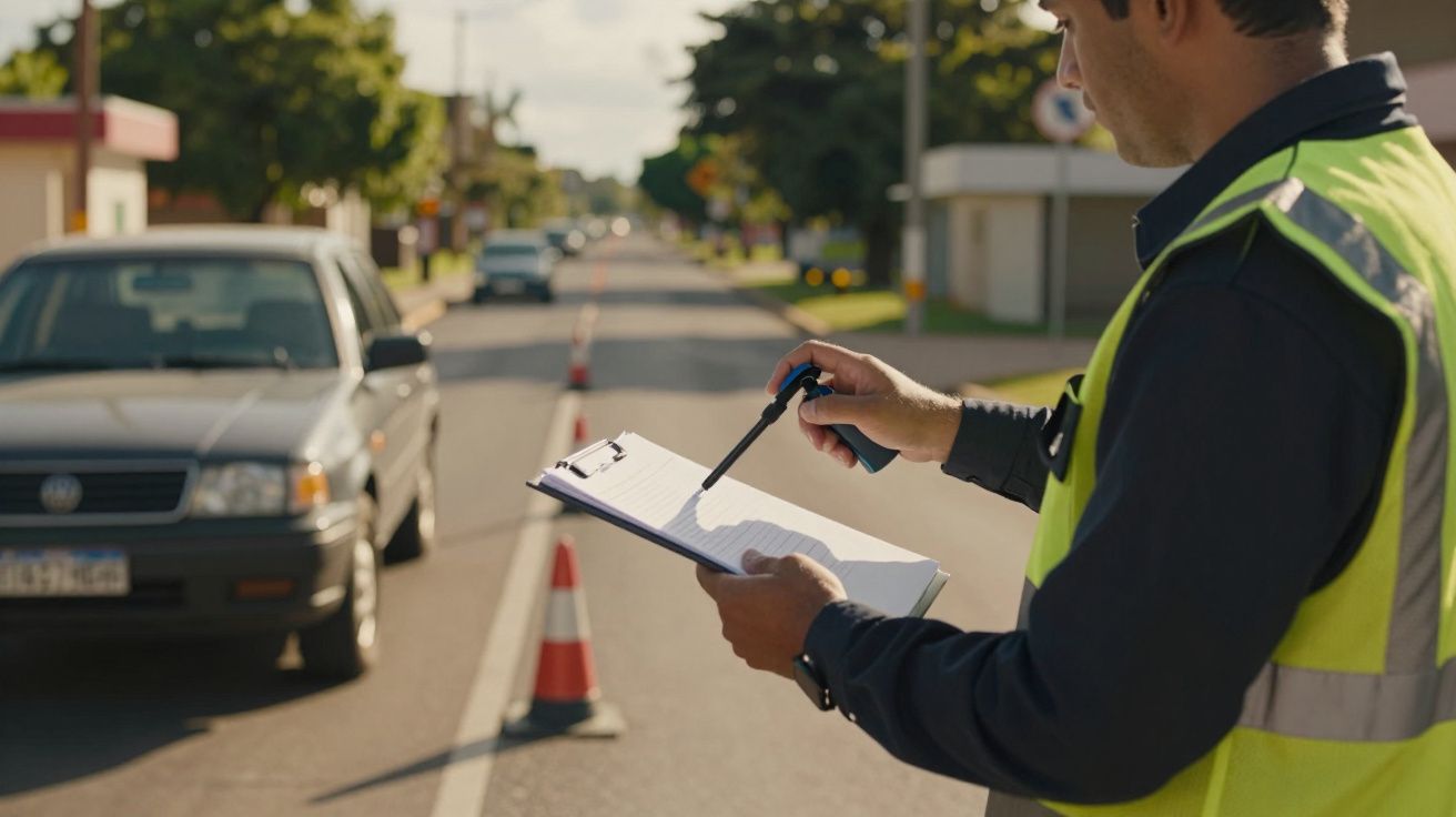 Polícia de trânsito escreve em prancheta enquanto carro passa em rua urbana com cones de sinalização.