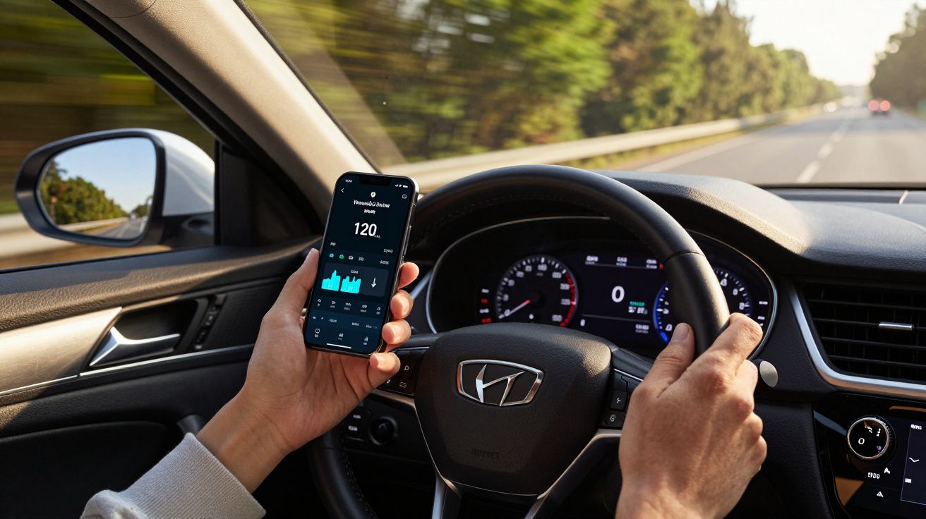 Condutor segura volante com uma mão e telemóvel com dados de velocidade na outra, em estrada arborizada.