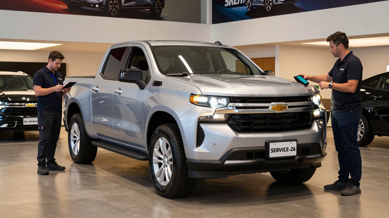 Dois mecânicos inspecionam uma pick-up Chevrolet prateada num concessionário iluminado.