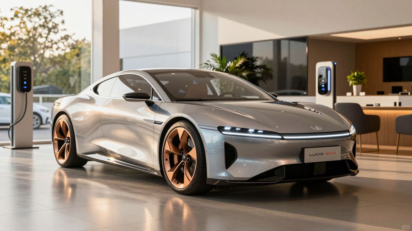 Carro elétrico desportivo prateado numa sala de exposição moderna com postos de carregamento ao fundo.