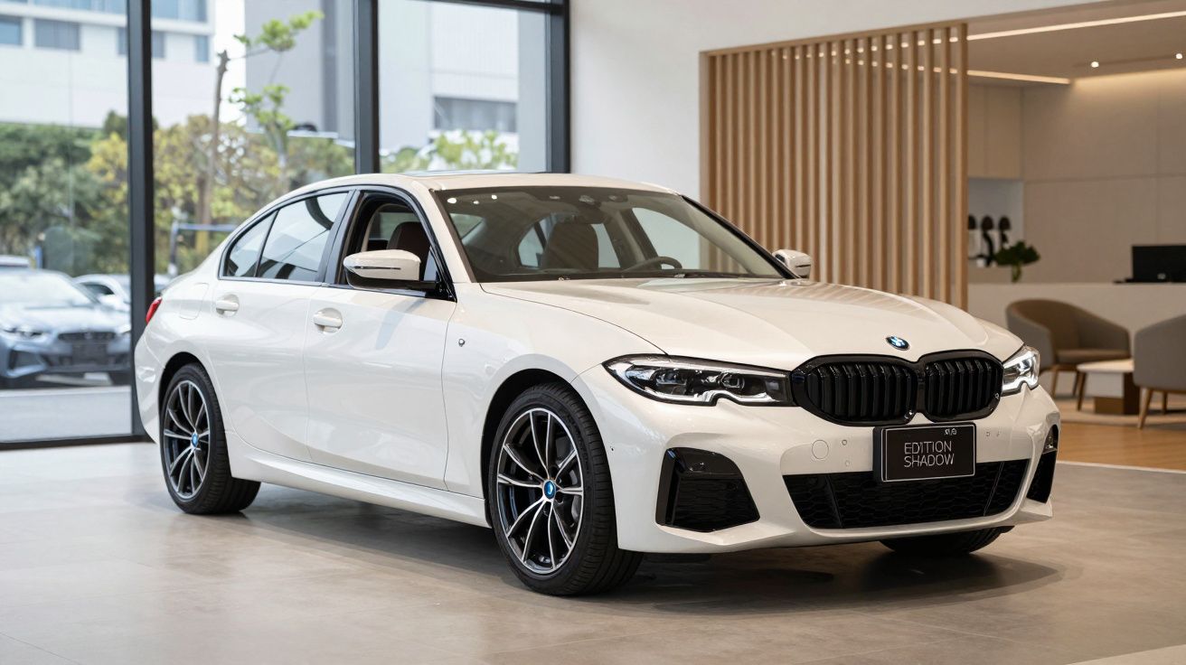 Carro BMW branco estacionado em showroom moderno, com janelas amplas e mobiliário minimalista ao fundo.