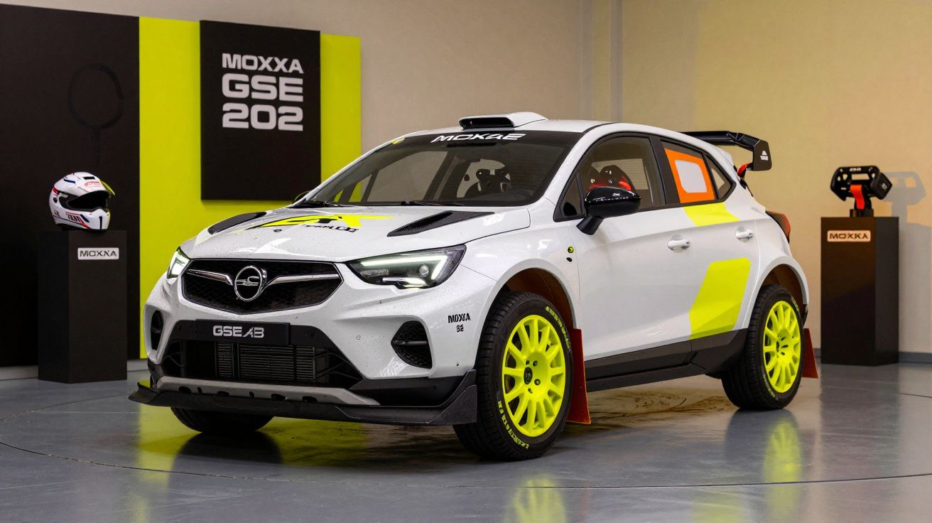 Carro Opel de corrida em exibição com jantes amarelas e decoração branca. Capacete e troféu ao fundo.