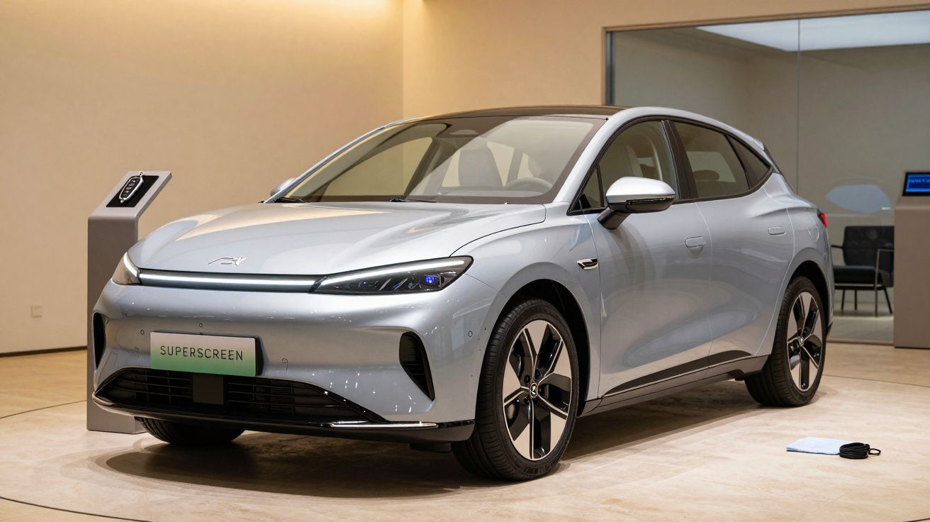 Carro elétrico prateado em exposição num showroom moderno, com design elegante e iluminação suave.