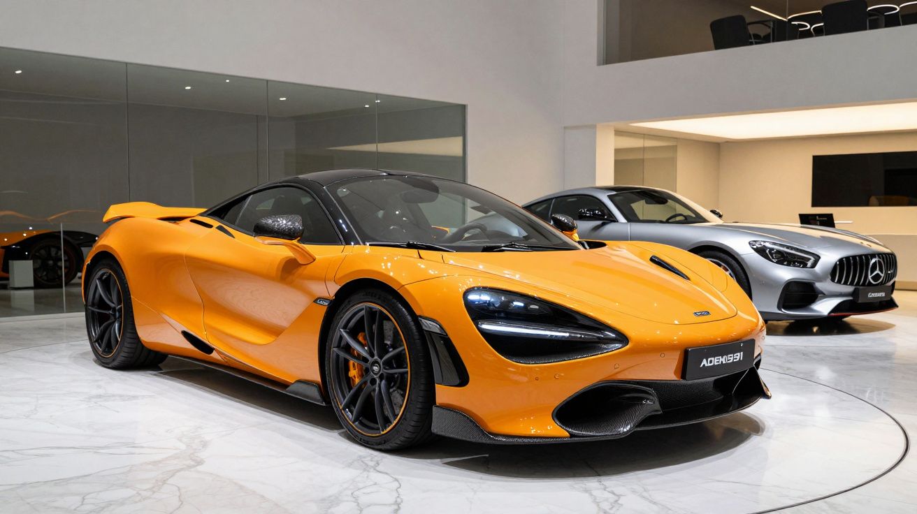 Carro desportivo laranja num showroom, ao lado de um carro prateado em fundo moderno e iluminado.