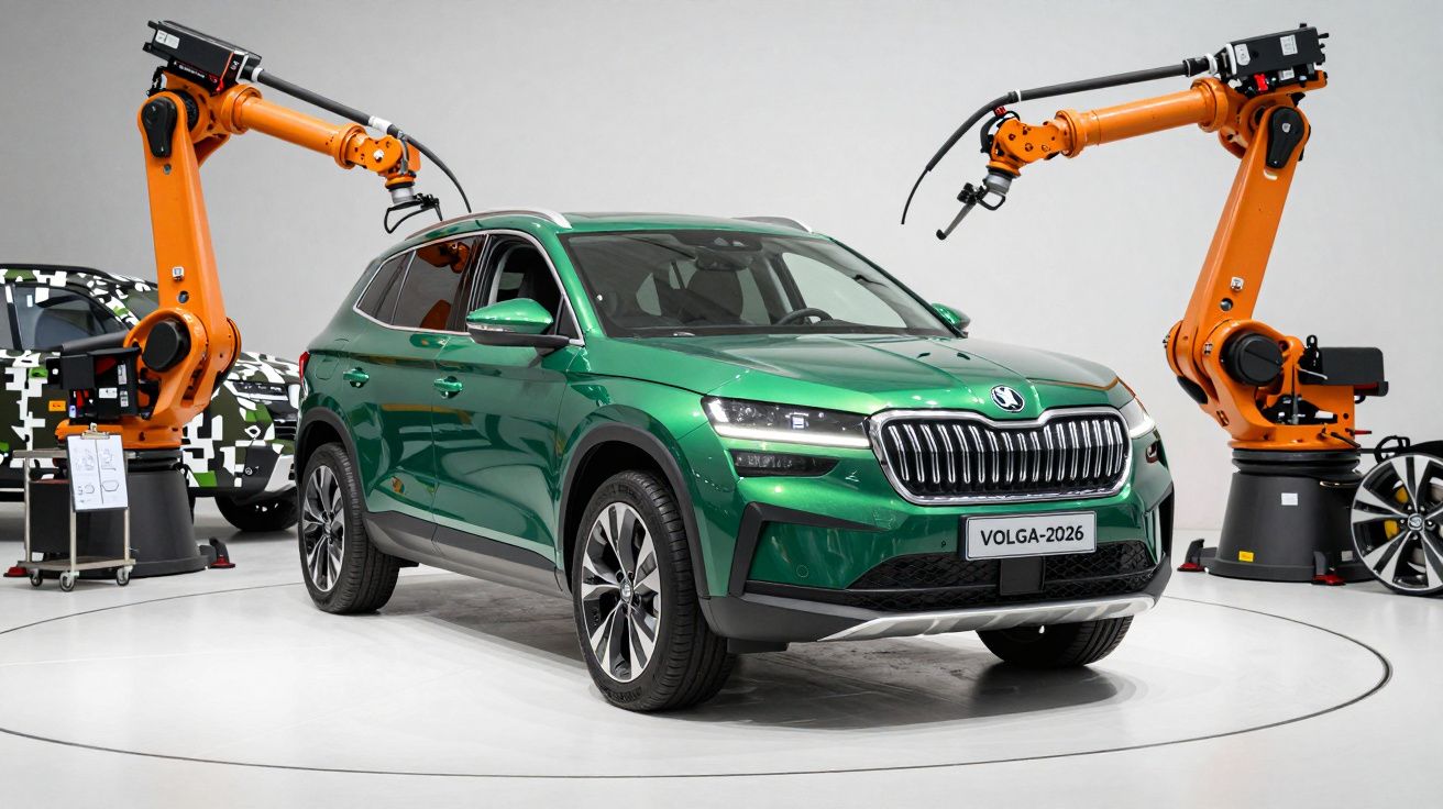 Carro verde entre dois robôs industriais laranja em estúdio iluminado.