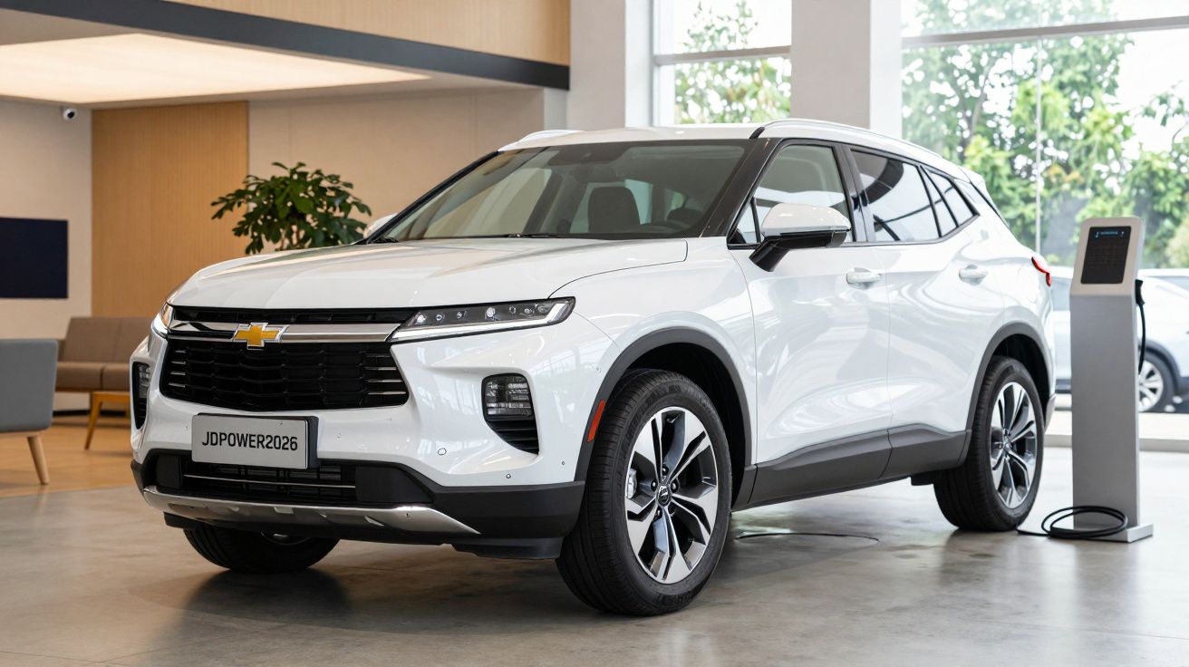 SUV branco da Chevrolet estacionado em salão de exposições, junto a um terminal de carregamento de veículos elétricos.