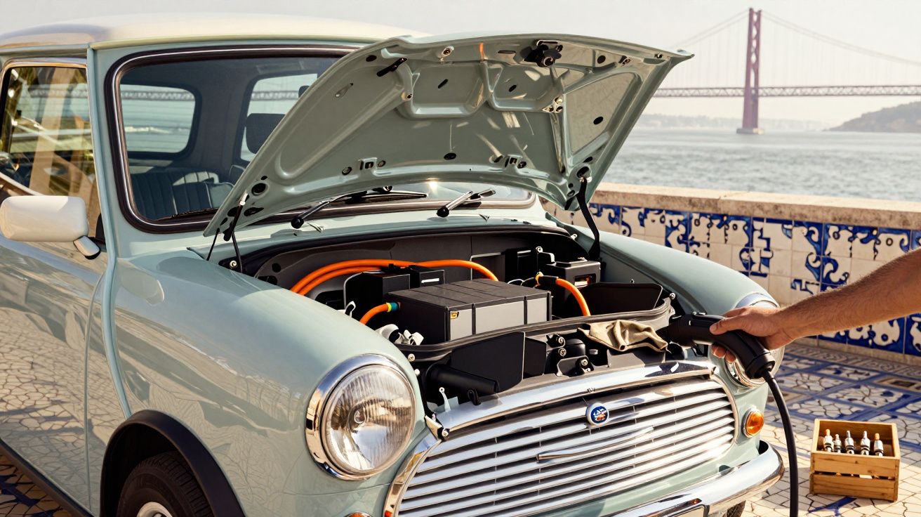 Carro clássico elétrico com capô aberto à beira de um rio, com ponte ao fundo.