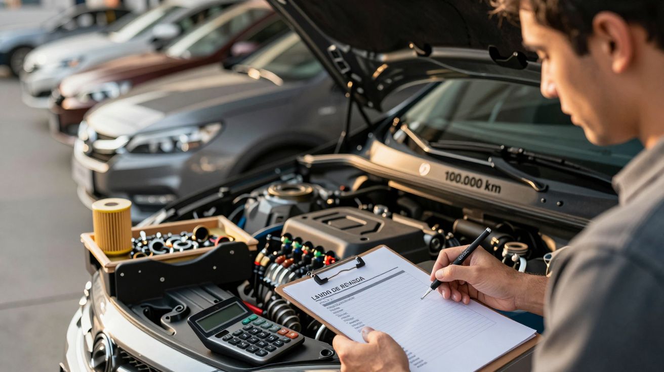 Mecânico escreve em prancheta ao lado de motor de carro aberto, com peças e calculadora sobre ele. Vários carros ao fundo.