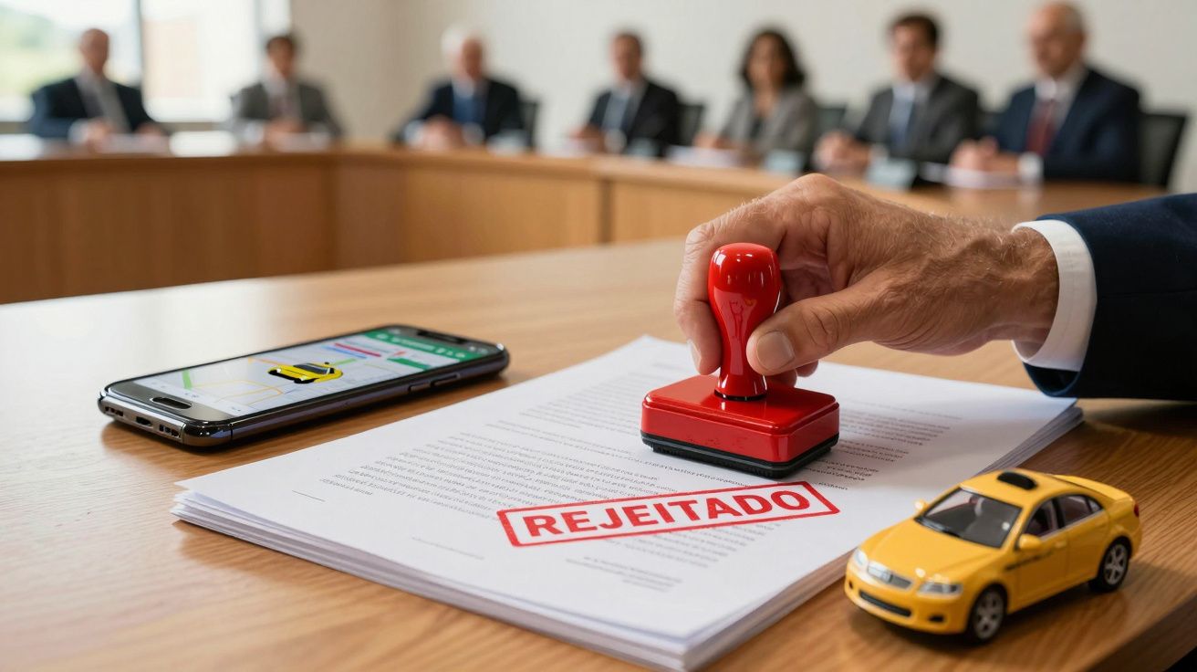 Carimbo vermelha marca "REJEITADO" em papel, com telemóvel e miniatura de carro sobre a mesa de reunião ao fundo.