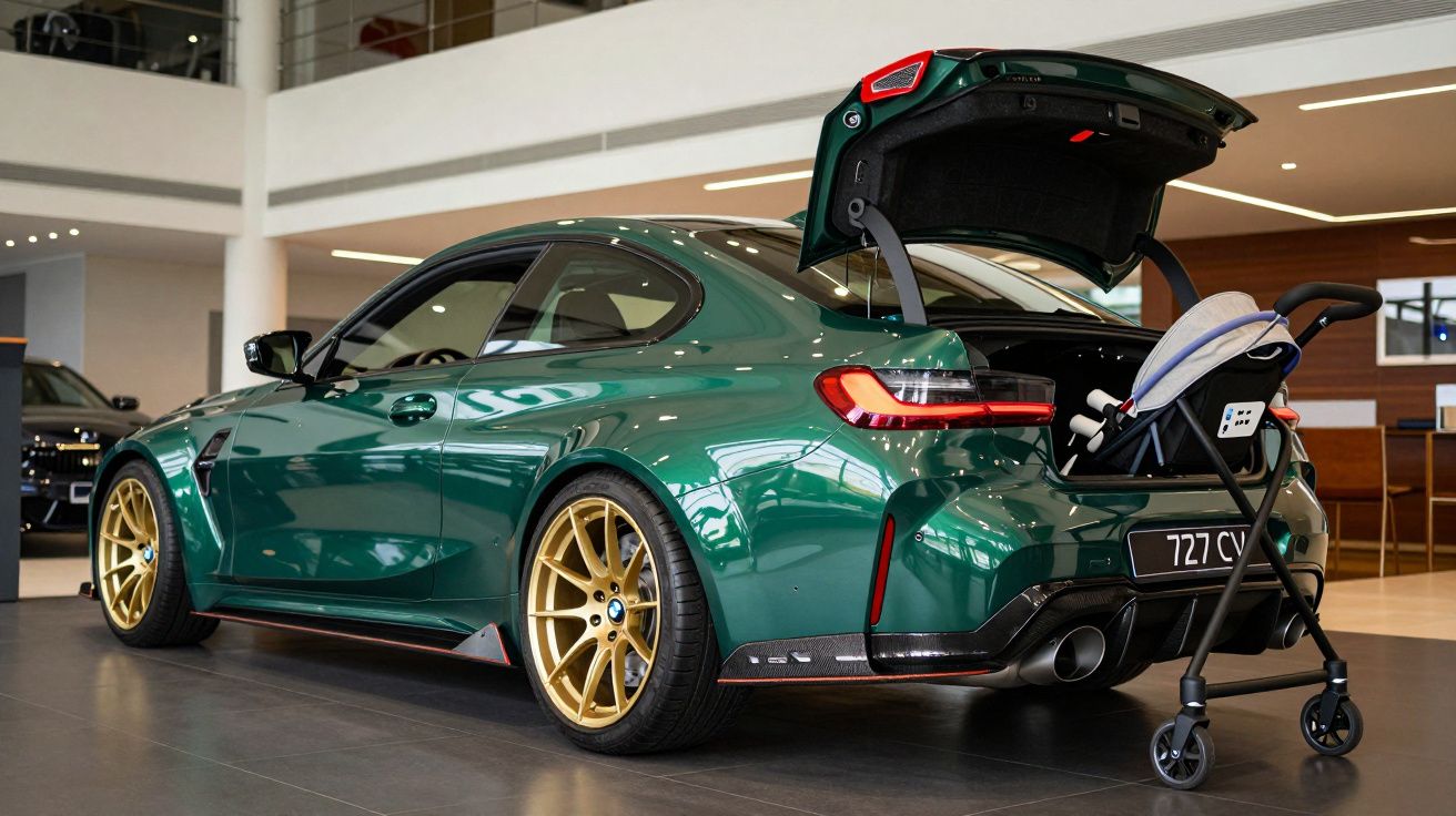 Carro desportivo verde com bagageira aberta num showroom, mostrando um carrinho de bebé na mala.