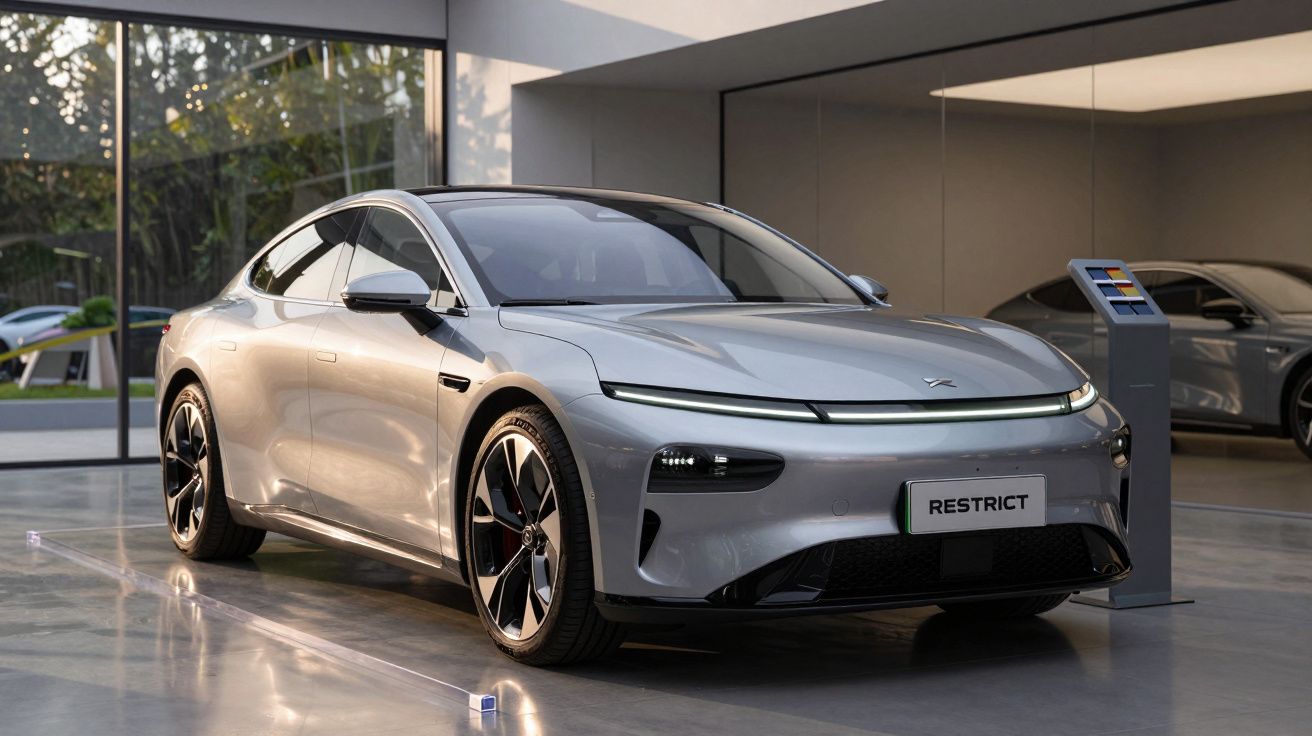 Carro elétrico prata em exposição numa sala moderna com luz natural.