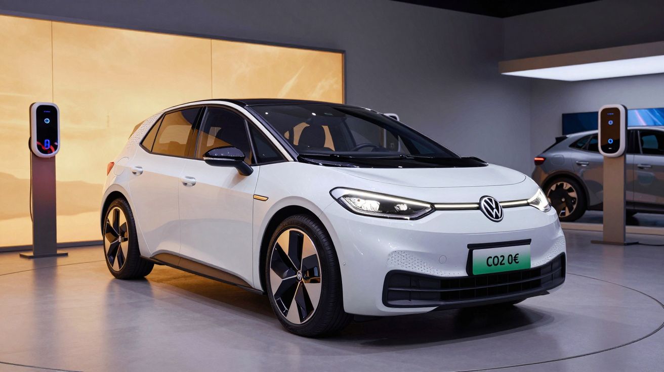 Carro elétrico branco da Volkswagen em exposição, com dois postos de carregamento ao fundo.