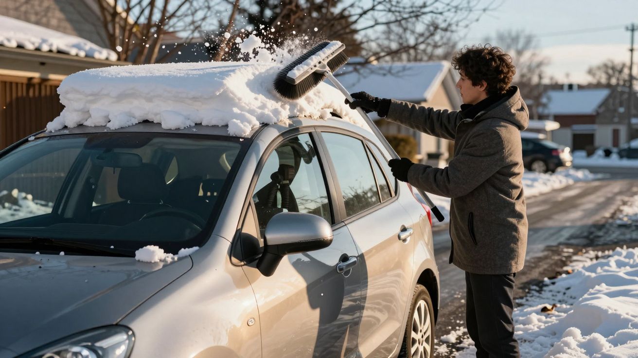 Homem retira neve do teto de um carro prateado com uma escova sob céu limpo e casas ao fundo.