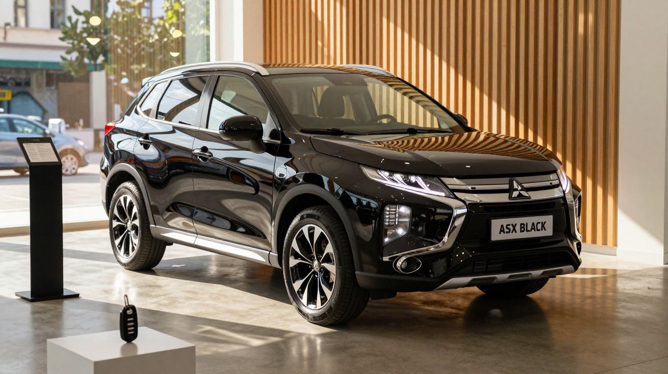 Carro preto Mitsubishi ASX em exposição num showroom iluminado pelo sol, com chave exibida em primeiro plano.