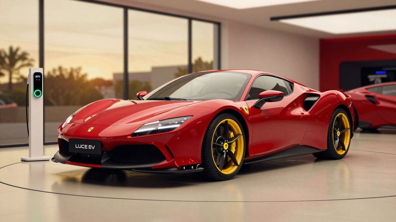 Carro desportivo vermelho num showroom, ao lado de um posto de carregamento elétrico, com jantes douradas.