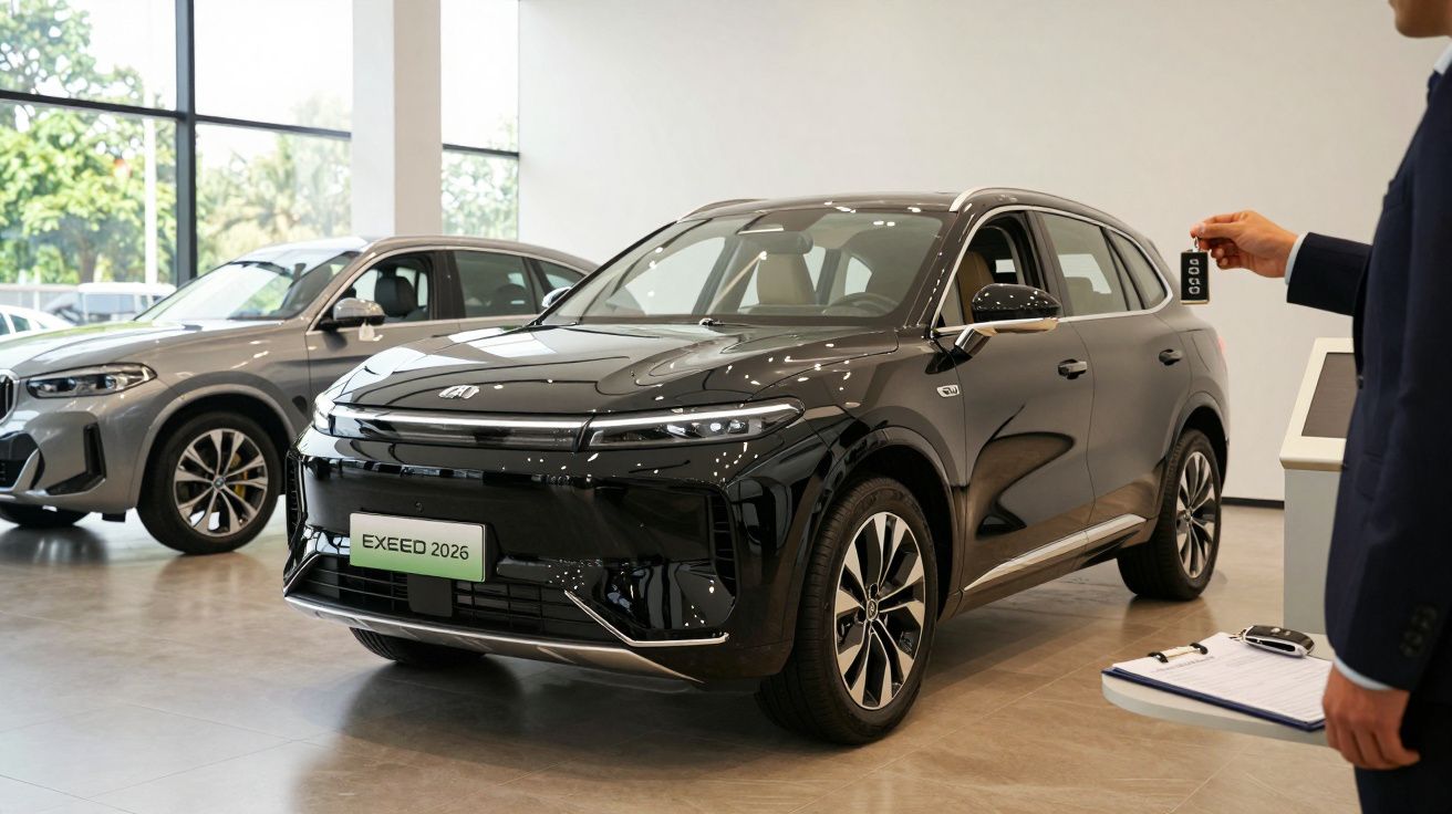 Homem segura chave à frente de SUV preto moderno em showroom, com outro carro ao fundo.