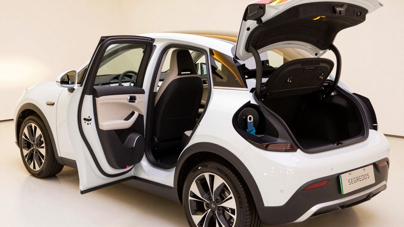 Carro elétrico branco com porta traseira e bagageira abertas, exibindo interior moderno e espaçoso em ambiente claro.