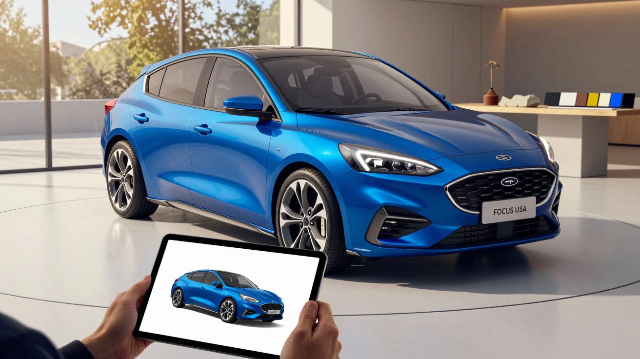 Carro azul exibido num showroom moderno, com tablet a mostrar a mesma imagem do carro.