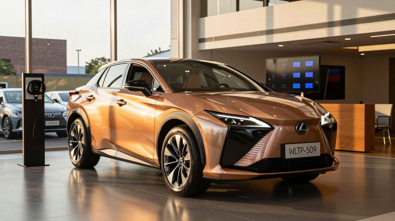 Carro Lexus dourado exposto num showroom iluminado, ao lado de uma estação de carregamento.