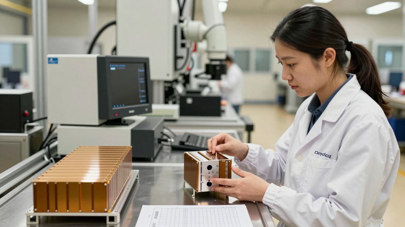 Mulher em laboratório manuseando equipamento eletrônico em bancada, com computador e tabelas ao fundo.