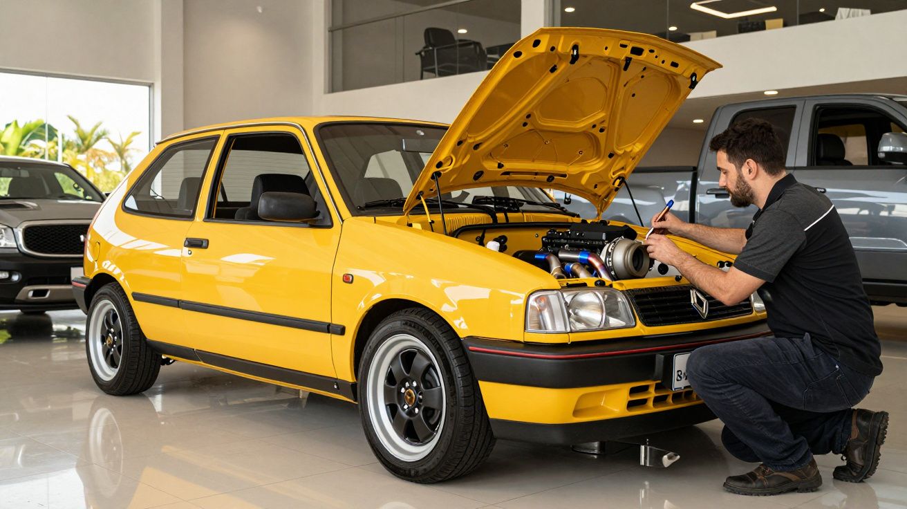 Homem a trabalhar no motor de um carro antigo amarelo com capô aberto numa oficina automóvel bem iluminada.