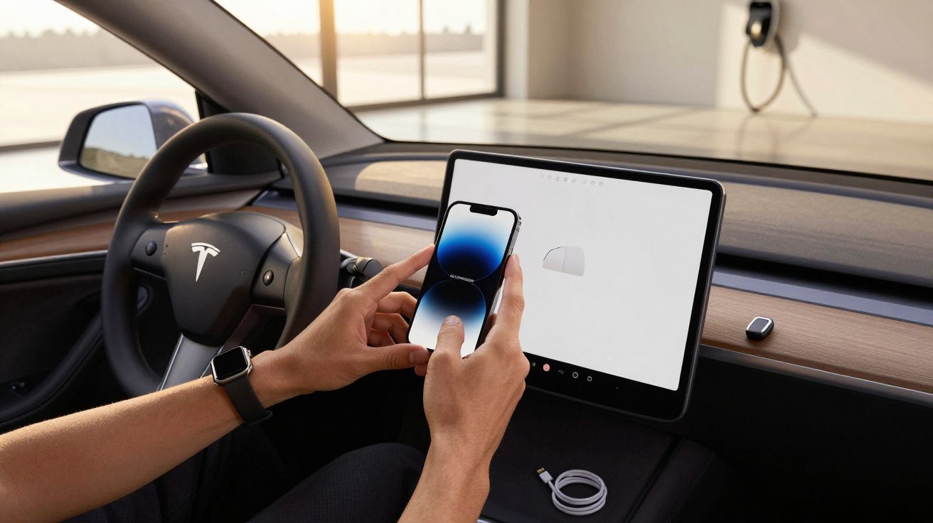 Pessoa a segurar um smartphone em frente ao ecrã tátil de um carro elétrico, dentro do habitáculo moderno da viatura.