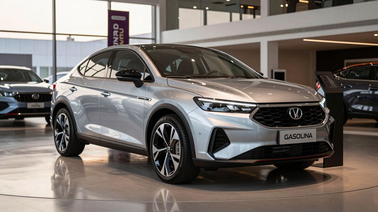 SUV prateado num showroom com luz suave, exibindo design elegante e moderno.