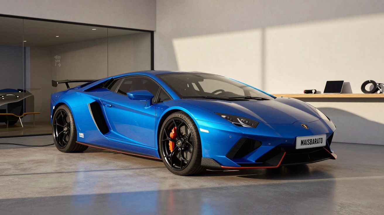 Carro desportivo azul num showroom minimalista, com jantes pretas e detalhes laranja.