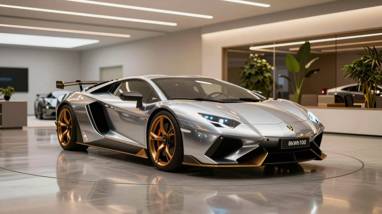 Carro desportivo prateado com jantes douradas estacionado em showroom moderno, iluminação suave ao fundo.