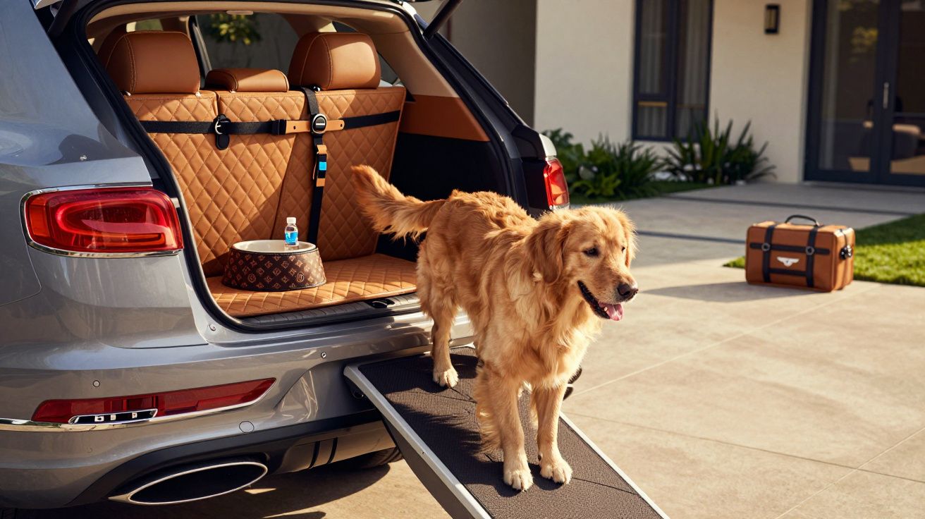 Cão dourado desce de um SUV cinza através de uma rampa, com bagageira acolchoada e mala ao fundo.