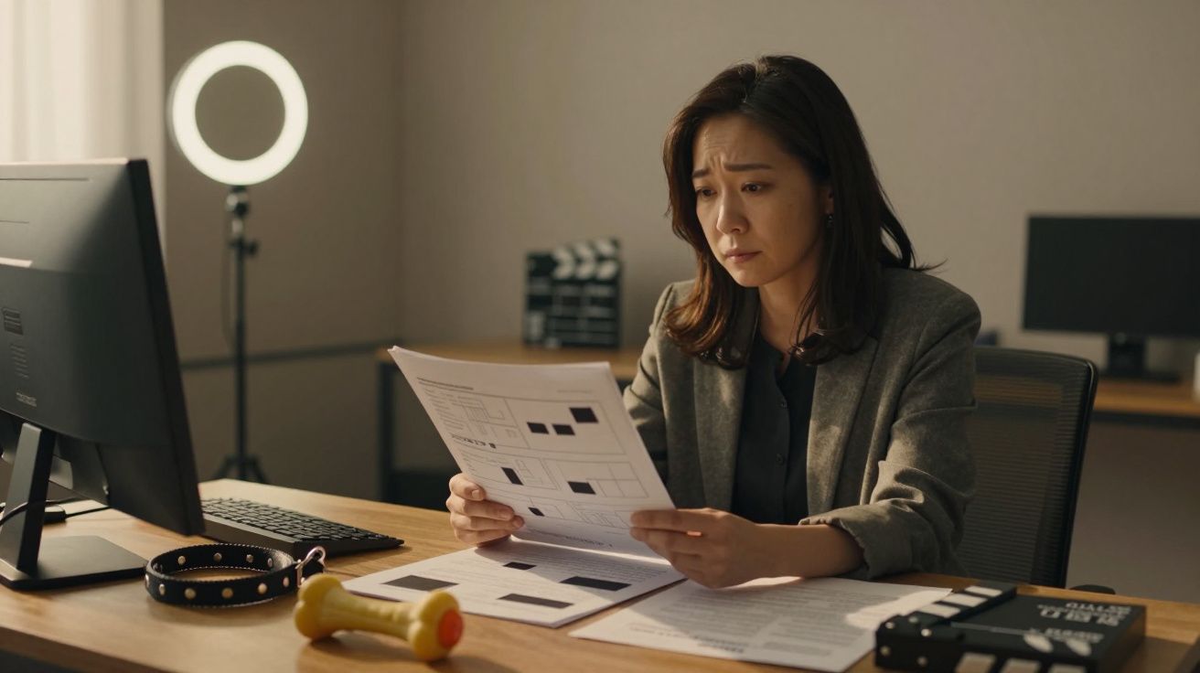 Mulher preocupada a analisar documentos numa secretária de escritório com computador e equipamentos de filmagem.