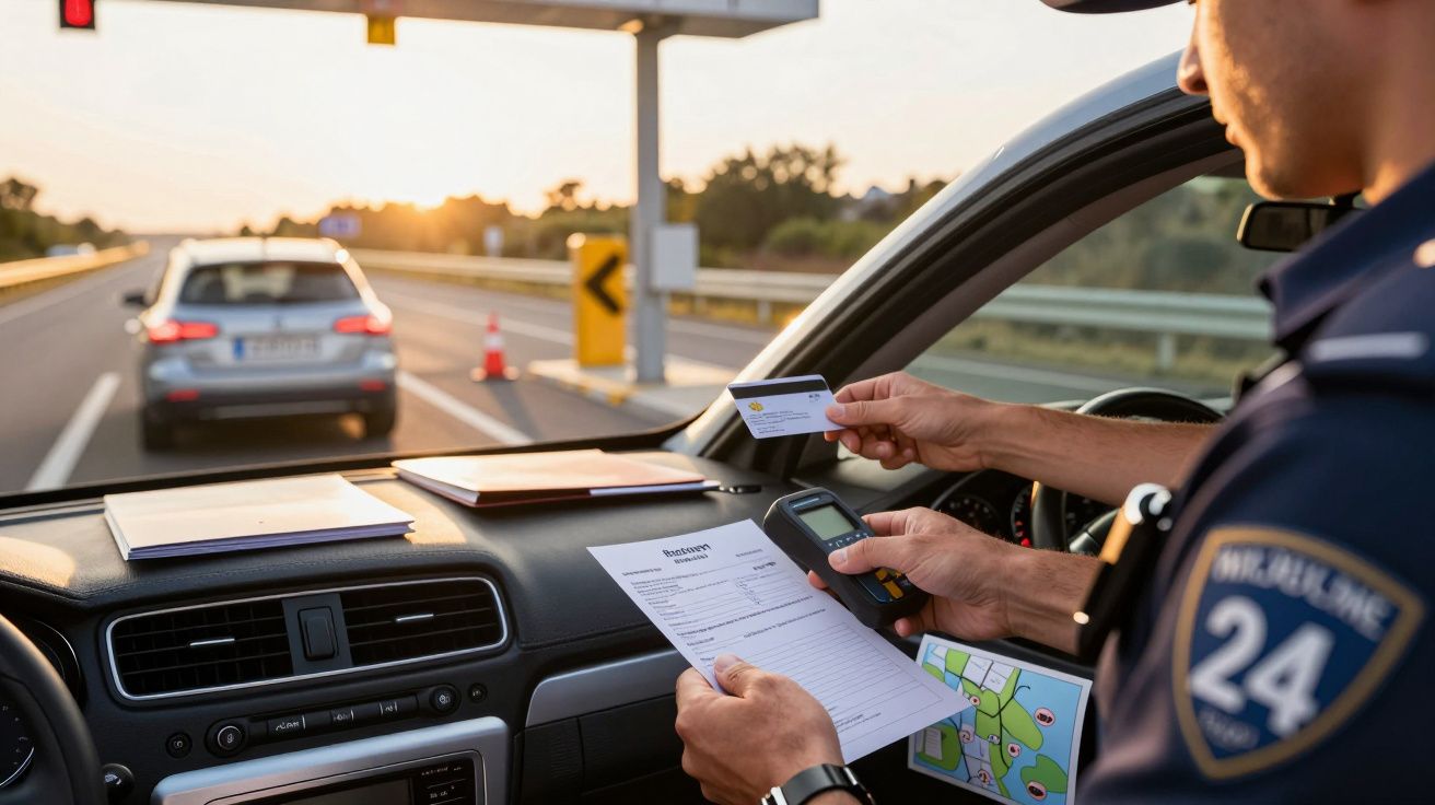 Polícia em carro verifica documentos de identidade e multas numa estrada ao pôr do sol.
