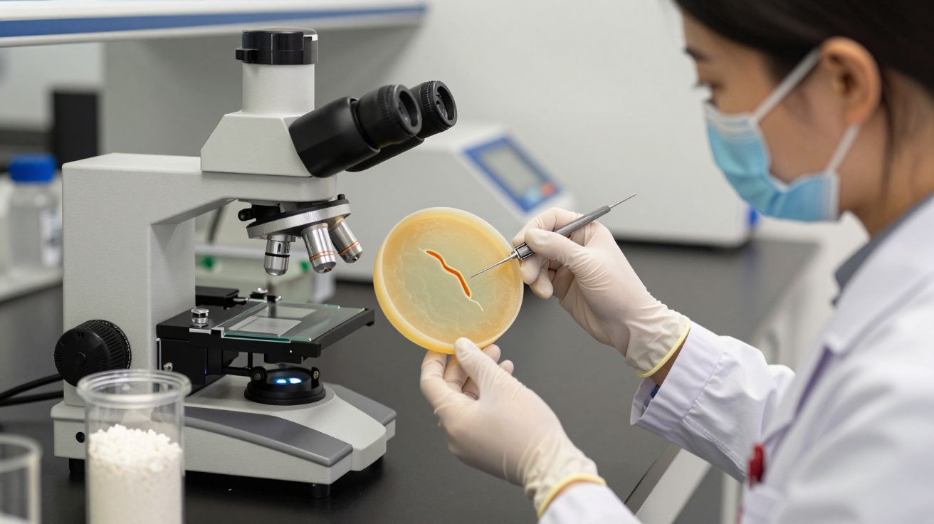 Cientista em laboratório analisa amostra de placa de Petri ao microscópio, usando máscara e luvas.