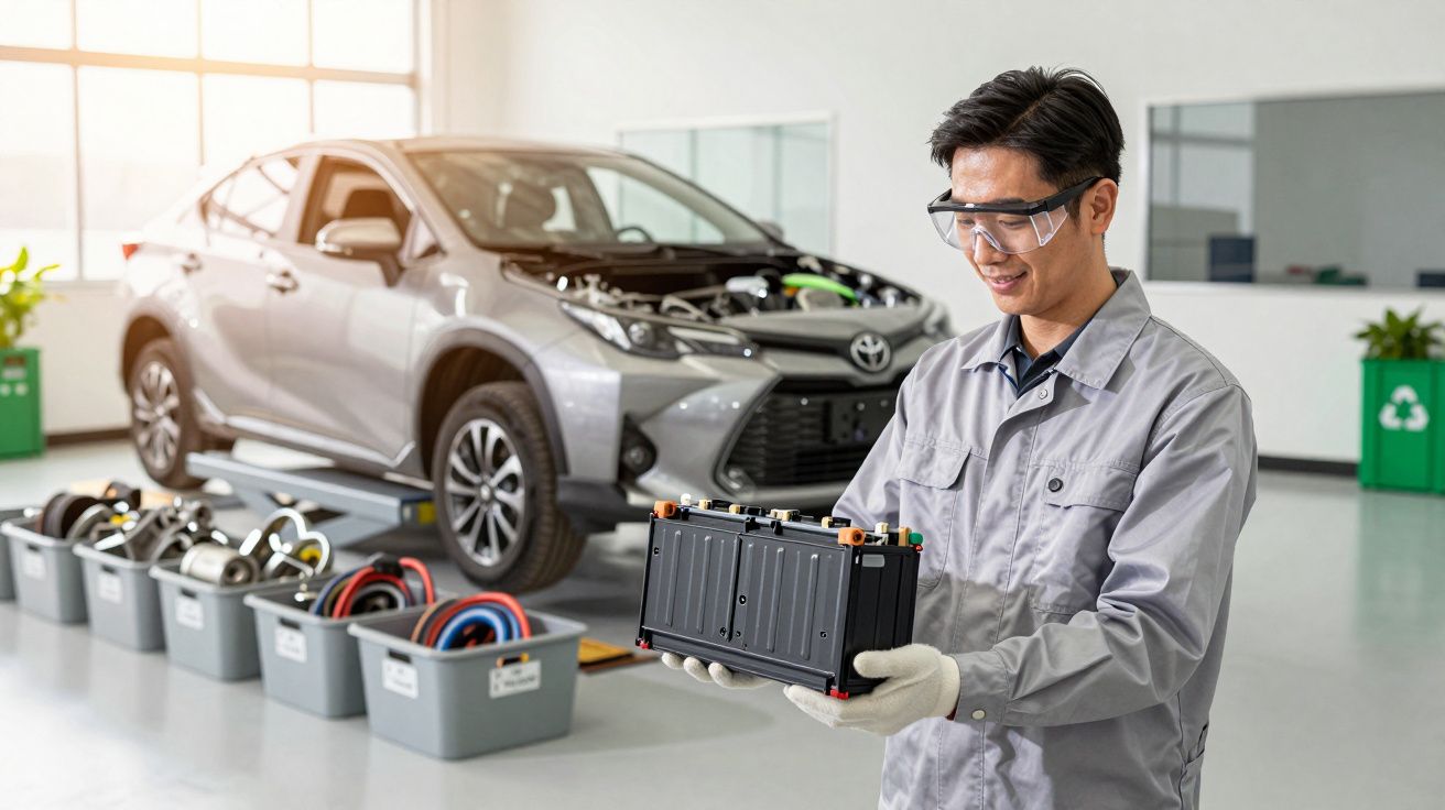 Homem segurando uma bateria de carro elétrico, com um veículo cinzento e caixas de peças no fundo de uma oficina.
