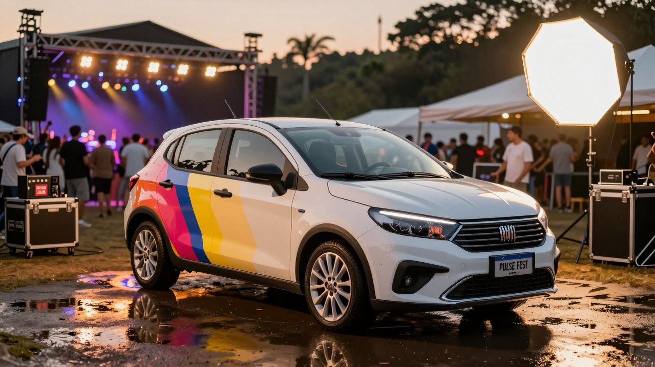 Carro branco com faixas coloridas estacionado em evento musical ao ar livre, com luzes de palco e pessoas ao fundo.