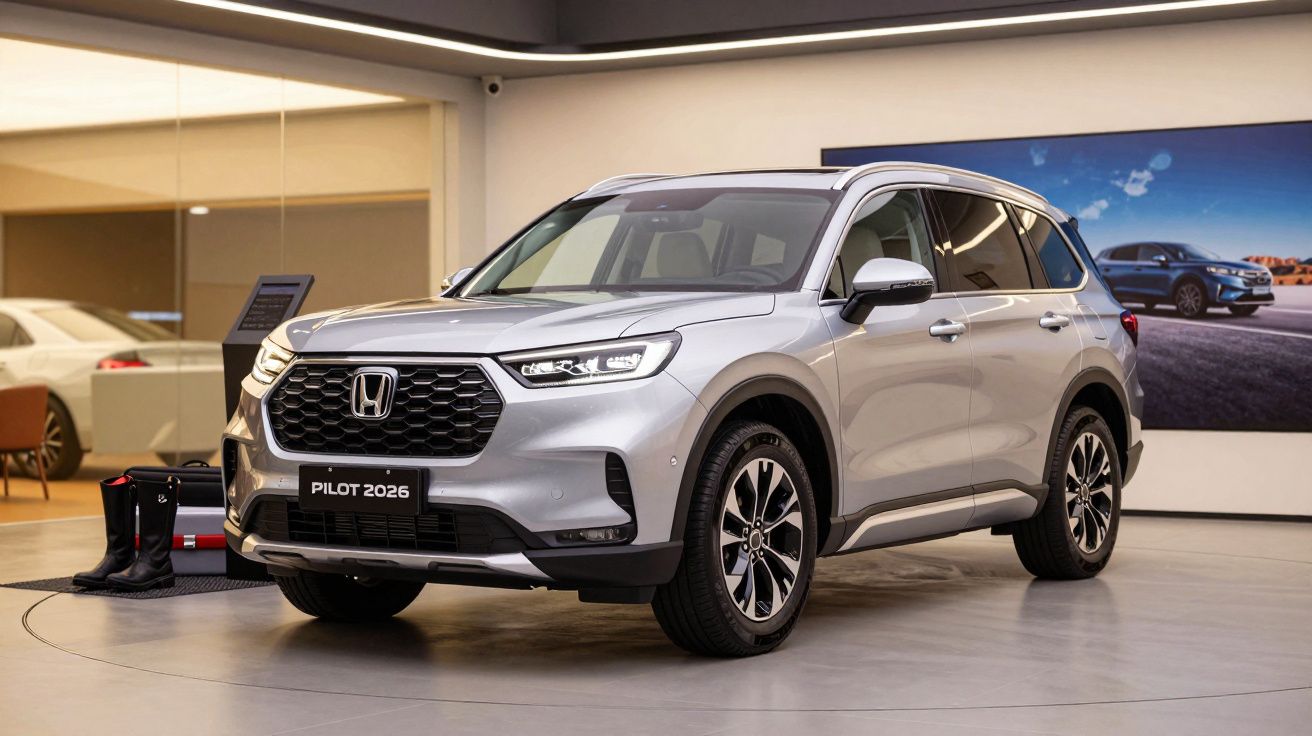 SUV Honda prateado em exposição num showroom moderno, com botas ao lado e imagem do carro em fundo.